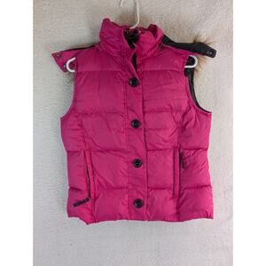 LL Bean Goose Down Vest Pink Womens Medium Removable Hood Fur Trim Zip Pockets